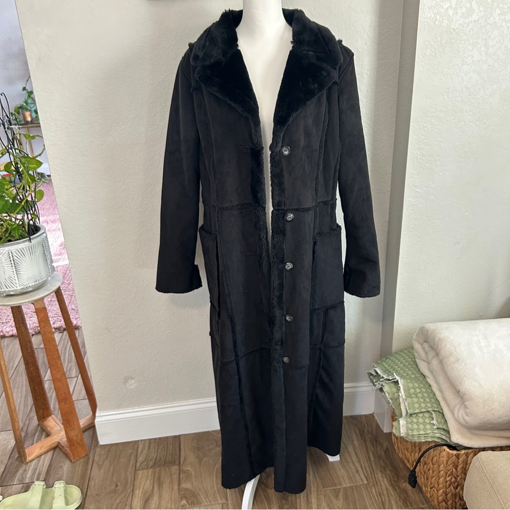 Vintage faux fur and suede patchwork black trench coat